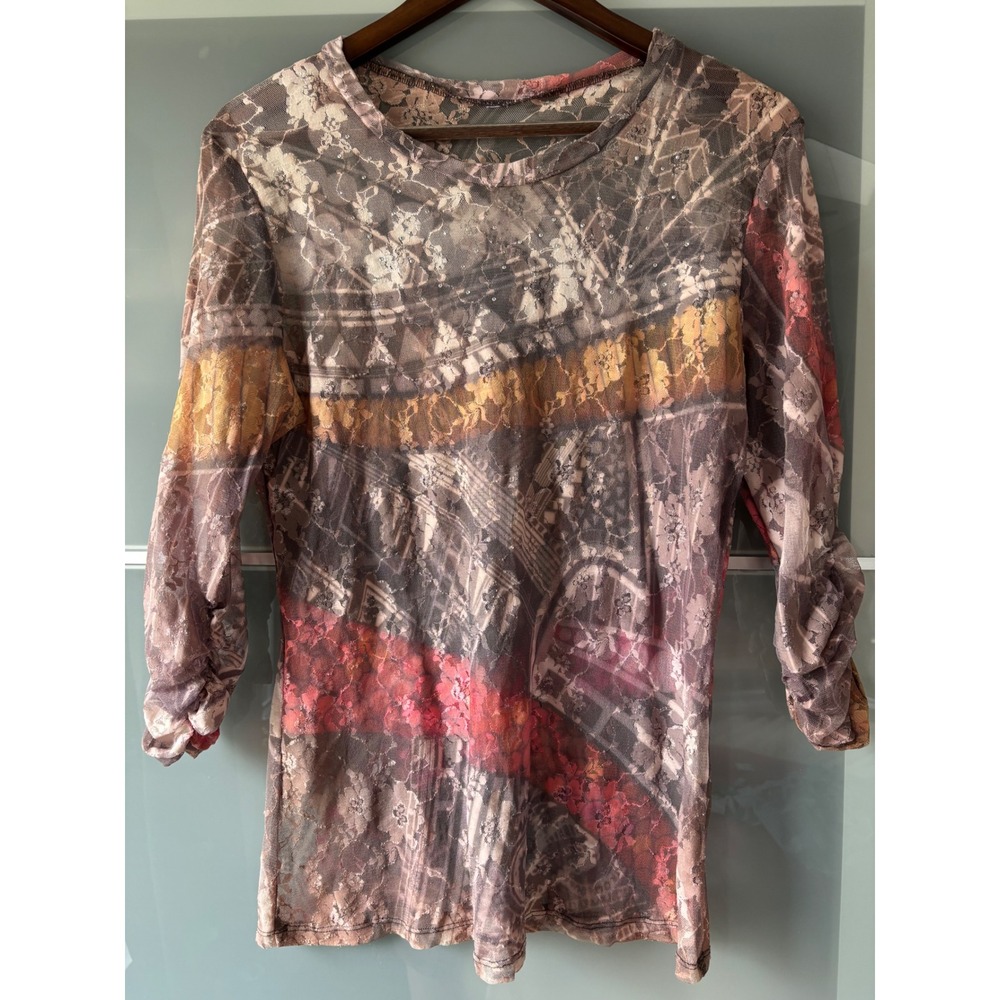 Sheer Floral Lace Mesh Top Rhinestone Print Ruched Y2K Grunge Camo Whimsigoth - Picture 2 of 10